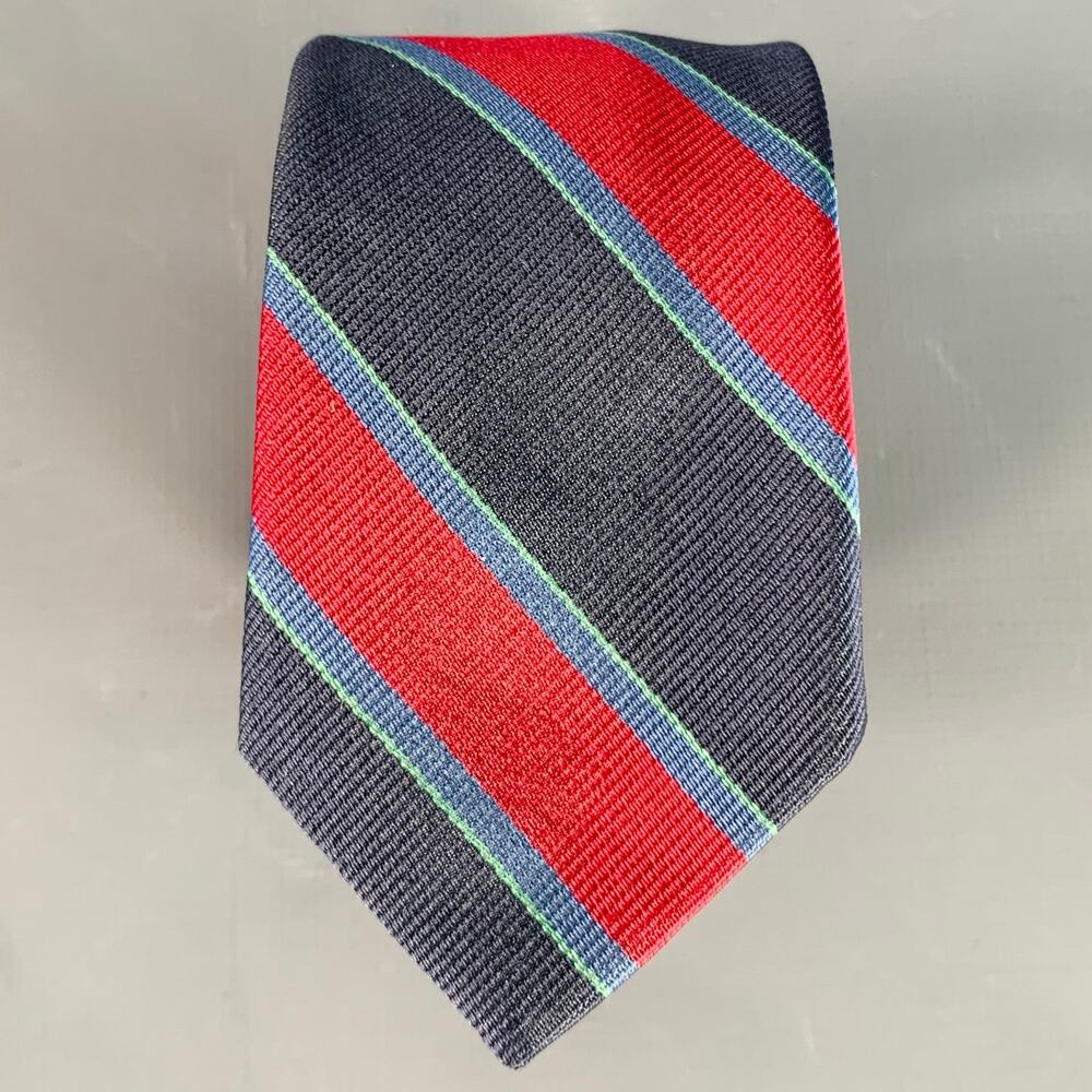 BAND OF OUTSIDERS Navy Red Green Diagonal Stripe Silk Skinny Tie